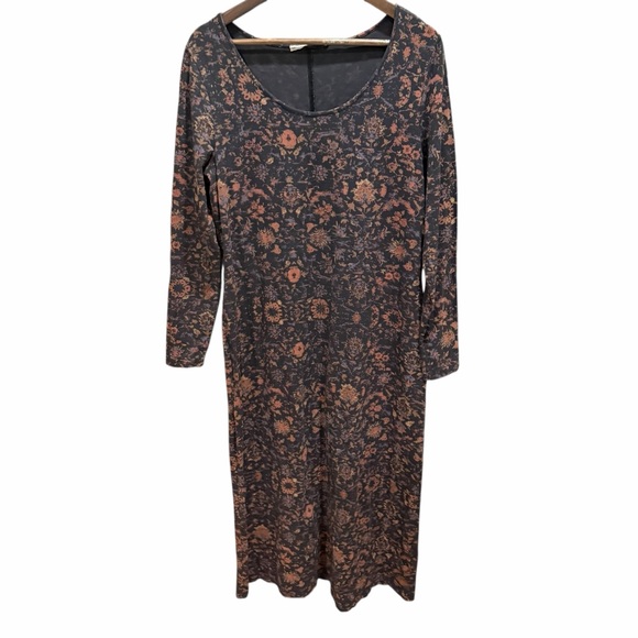 Peruvian Connection Cotton Spandex Maxi Dress Large Black Floral Long Sleeve - Picture 4 of 11